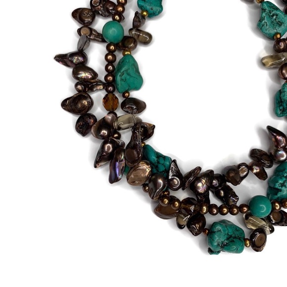 Turquoise Blue Brown Stone Pearl 3 Layer Tier Necklace Choker Boho Worn Twice - Picture 2 of 5